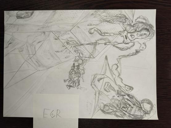 drawing with pencil, fictional scene