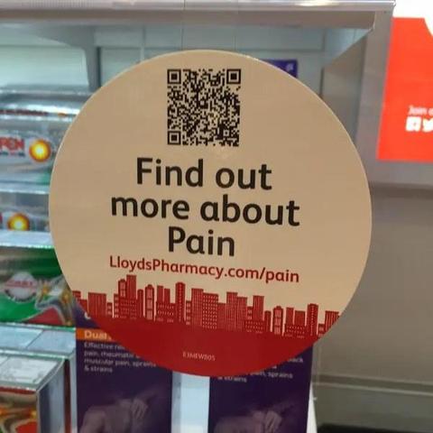 a sticker on a window that says find out more about pain lloydspharmacy.com/pain