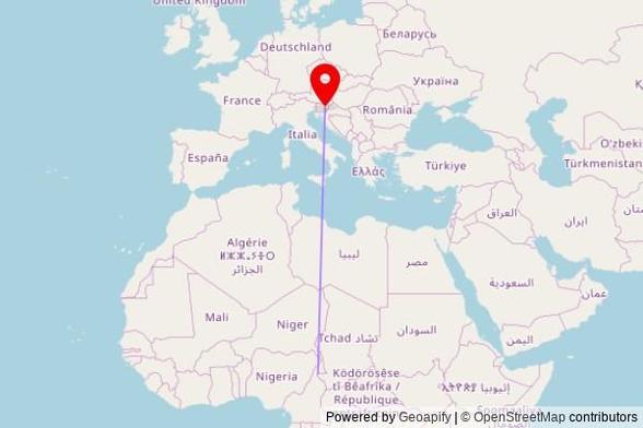 A map showing the great circle route from Figuil in Cameroon to a map pin at Sveta Katarina, Jelovo, 1433 Radeče, Slovenia