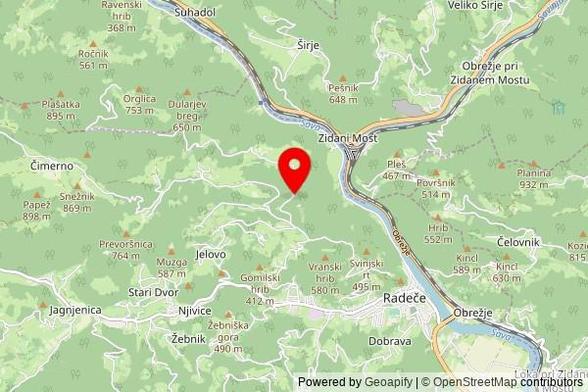 A partially zoomed out map with a pin at the position of Sveta Katarina, Jelovo, 1433 Radeče, Slovenia