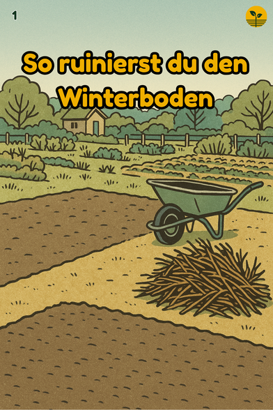 Kahles Winterbeet mit nackter Erde und Haufen aus Schnittgut neben einer Schubkarre