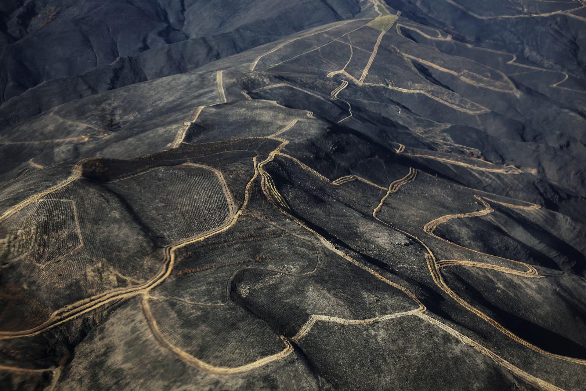 Thousands of charred hectares are seen in the mountains of the municipalities of A Rua and Villamartin de Valdeorras, Galicia.