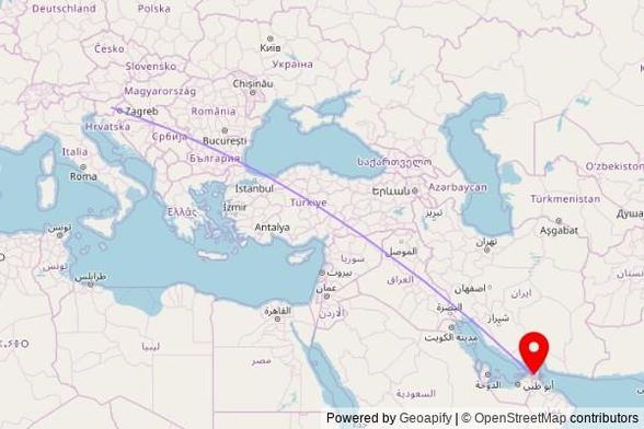 A map showing the great circle route from Radeče in Slovenia to a map pin at Ammar bin Yaser, E55, Tayebah, Al Dhaid, Sharjah Emirate, United Arab Emirates