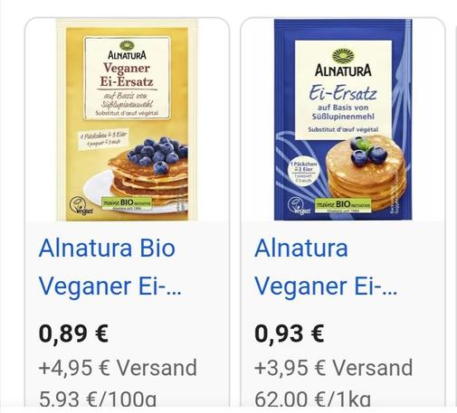 Screenshot von 2 Tütchen Allnatura Veganer Ei Ersatz
einmal in gelb, einmal in blau, hab noch nicht herausgefunden, wo der Unterschied liegt 