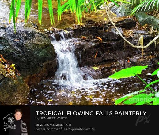 A waterfall flows over some rocks framed by some leaves from palm trees and some tropical plants. The soothing sounds of the water calms your mind and body as it splashes at the base
@fineartamerica 
https://5-jennifer-white.pixels.com/featured/tropical-flowing-falls-painterly-jennifer-white.html
#buyintoart #gifts #homedecor