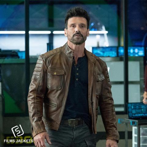 Frank Grilloโs iconic look in Boss Level, this brown leather jacket