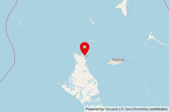 A map showing the area of North Andros with a pin at the position of Church of Christ, Rawson Street, North Andros, Bahamas