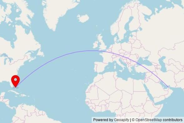 A map showing the great circle route from Al Dhaid in the United Arab Emirates to a map pin at Church of Christ, Rawson Street, North Andros, Bahamas