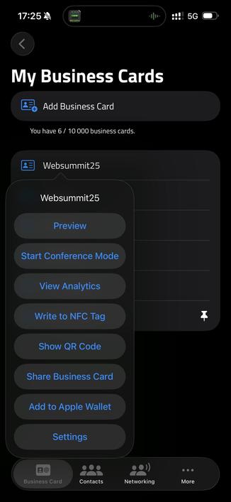 The image displays a mobile interface for managing business cards, titled "My Business Cards." It indicates that there are 6 out of 10,000 business cards available. An option for "Websummit25" is highlighted, with buttons for actions