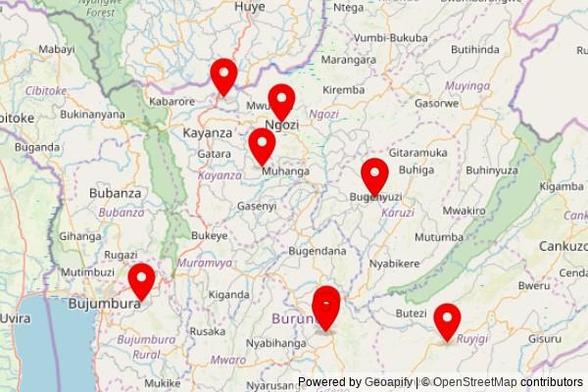 A map showing every place of worship we have visited so far in Burundi including:
Isengero in Gahombo
Isengero in Mparamirundi
Paroisse Saint Sacrément de Rukundo in Gitega
Cathédrale du Christ-Roi in Gitega
Cathédrale du Christ-Roi in Gitega
Isengero in Bugenyuzi
Évêque catholique in Ruyigi
Cathedrale de Ngozi in Ngozi
Isengero in Bugenyuzi
succurale Kinyovu in Bujumbura Rural Province