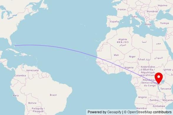 A map showing the great circle route from North Andros in the Bahamas to a map pin at Isengero, RP 52, Gahombo, Burundi