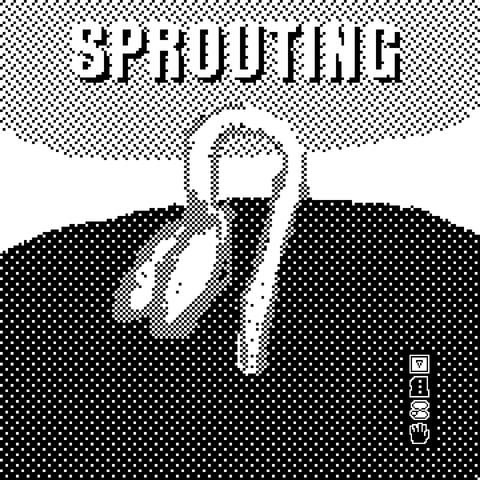 a black and white pixelly drawing of a bean sprout just pushing up out of the dirt and its first two leaves are opening.