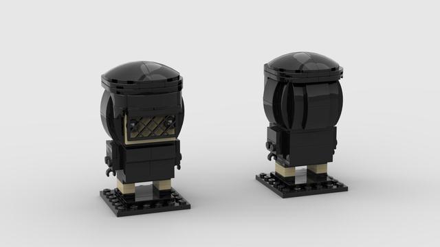 Front and back renders of a LEGO model of Mrs. White from the movie Clue, wearing her coat and her hat with a veil.