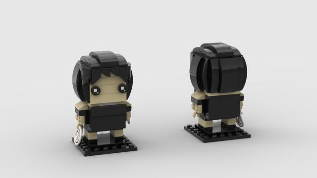 Front and back renders of a LEGO model of Mrs. White from the movie Clue, with her coat and hat off and carrying a rope.