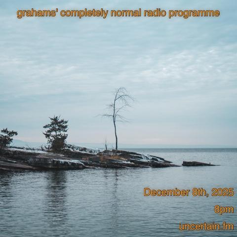 A barren tree on a rock outcropping into water.

Orange text overlaid promoting a radio show, details in the main post.