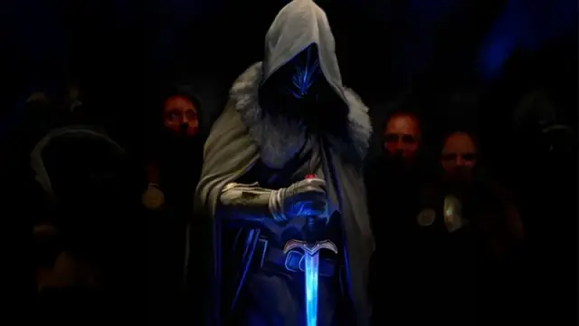 Official art from the Black Company RPG, featuring a hooded and cloaked figure holding a glowing blue magical dagger in a dark chamber, while behind him stands a group of screaming figures.