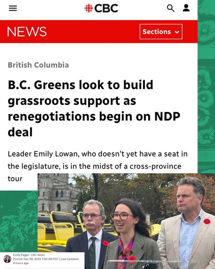 CBC News: B.C. Greens look to build grassroots support as renegotiations begin on NDP deal
Leader Emily Lowan, who doesn't yet have a seat in the legislature, is in the midst of a cross-province tour