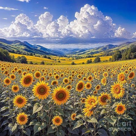 A vast field of sunflowers stretches toward the horizon, glowing under a bright blue sky with puffy white clouds adding contrast to the vivid landscape.

Golden blooms stretch across rolling hills, their faces lifted toward the sunlight as they sway gently in the breeze. In the distance, layers of soft green valleys and mountains create a serene backdrop, their contours softened by the hazy light of afternoon. Towering white clouds build dramatically overhead, adding depth and grandeur to the expansive scene. Altogether, the landscape feels joyful and uplifting—a radiant celebration of nature’s beauty and the simple charm of a sun-drenched summer day.

THE FINE ART AMERICA LOGO WILL NOT APPEAR ON PURCHASED PRINTS OR PRODUCTS.