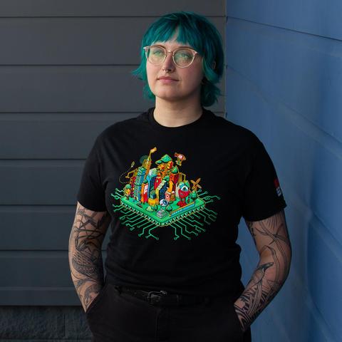 Person wearing EFF's 35th Anniversary Cityscape T-Shirt