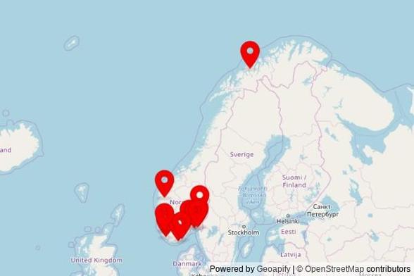 A map showing every place of worship we have visited so far in Norway including:
Eide kirke in Eide
Kurland menighetssenter in Sarpsborg
Egersund kirke in Egersund
Skien kirke in Skien
Voie kirke in Kristiansand
Førde kyrkje in Førde
Tromsdalen kirke in Tromsø
Eidsvoll kirke in Eidsvoll
Torød kirke in Torød
Riska gamle kirke in Hommersåk
Østre Fredrikstad kirke in Fredrikstad