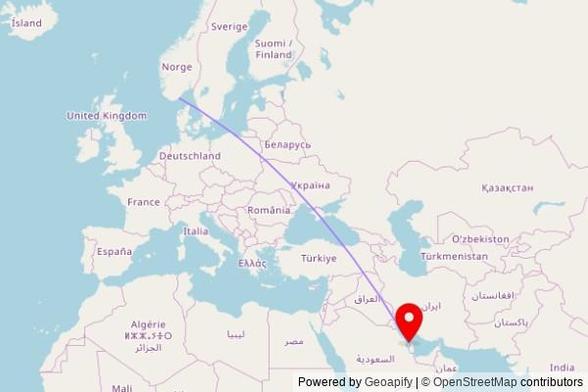 A map showing the great circle route from Eide in Norway to a map pin at Mohammed Bin Abd Allah Al Zamel Mosque, Avenue 14, Al-Hidd 109, Bahrain