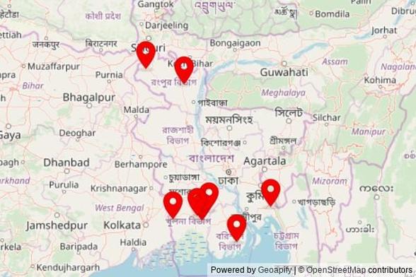 A map showing every place of worship we have visited so far in Bangladesh including:
Roisepur Jama Masjid in Satkhira
Ahmadiyya Muslim Jamat, Mahigonj in Rangpur
Lalpol Central Mosque Mosque in Sujapur
ষাট গম্বুজ মসজিদ in Bagerhat
aa in Baliadangi
Baitul Halim Jame Masjid in Dashmina Subdistrict
memorial mosque in পাটগাতী বাজার
Khudir Bot Tola Jame Masjid in তিলক