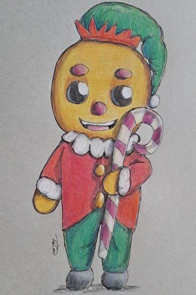 Colored drawing of a large gingerbread man who is holding a big candy cane in their left hand.
They were a red jacket with white edges on the sleeves and collar, as well as two golden buttons it, green pants and grey shoes. 
On their head the gingerbread man wears a green hat which looks like a sleeping hat that has something of a red edge shaped a bit like a crown.
The candy cane is reaching from their cheek to almost their feet and the man is smiling while facing the viewer. The noes and the brows are made of what looks a bit like pink sugar decorations, the eyes are round and black brown, with a white light spot on the upper right side. 