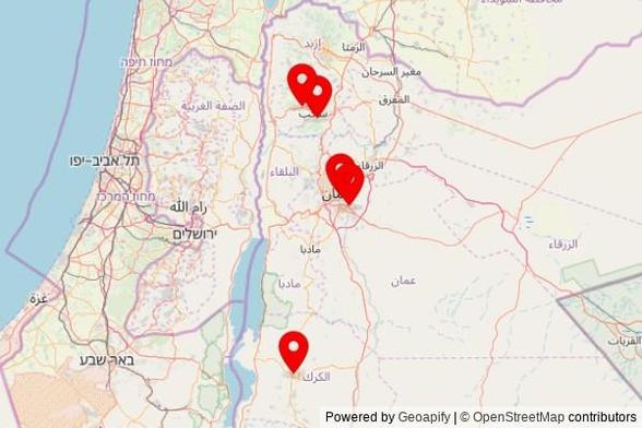 A map showing every place of worship we have visited so far in Jordan including:
Our Lady of the Mountain Monastery in Anjara
مسجد الامام علي in Amman
Monastery of Virgin Mary in Sakib
قاعة الكنيسة الرومانية in Al Karak
مسجد نمرة in Al Rajib