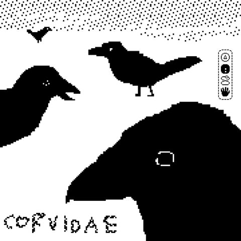 a black and white pixelly drawing of many ravens standing on the ground at differing distances from the viewer.