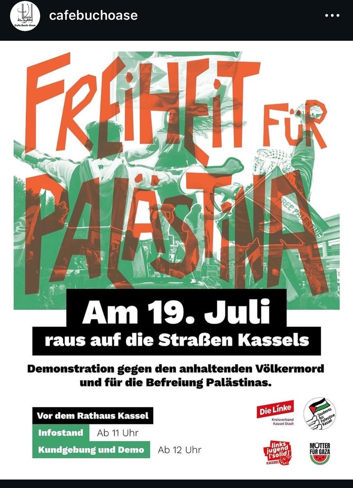 Eine Werbegrafik für eine Demonstration mit dem Titel "Freiheit für Palästina", die für den 19. Juli in Kassel geplant war.