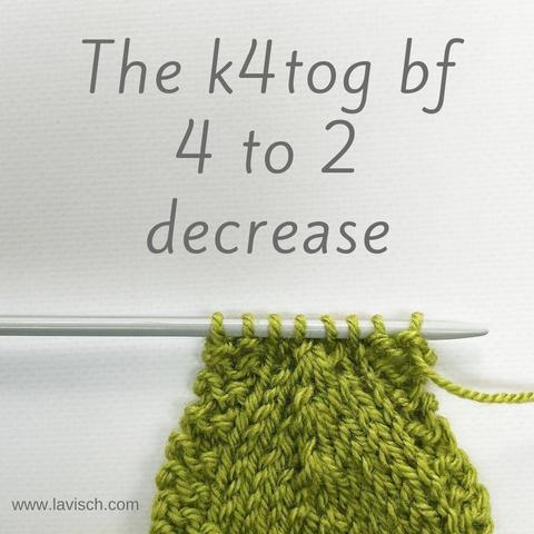 A green swatch on a knitting needle on which the k4tog bf decrease is shown.