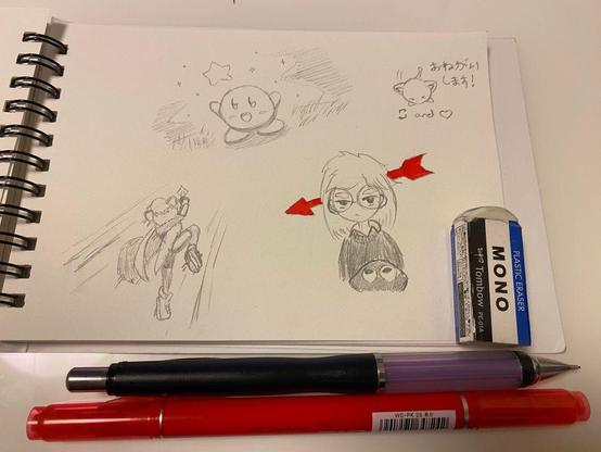 Various sketches of Kirby, Midori, and Offscript's Aira.