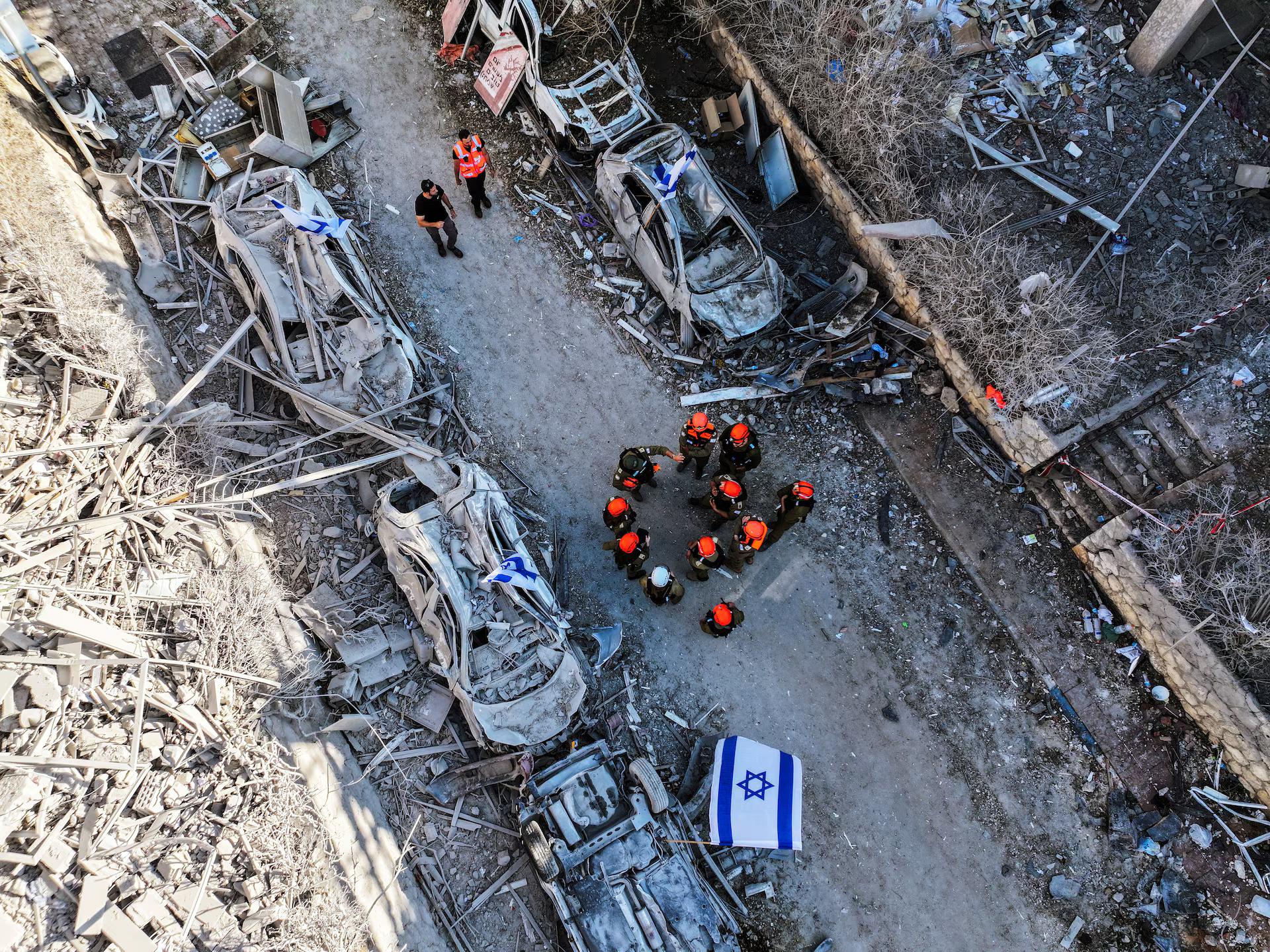 A drone photo of rescue forces at the impact site of residential homes, following missile attack from Iran.