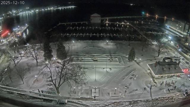 Looking SE from the City Hall clock tower looking out over Ontario Street, Confederation Park and the marina, the Shoal Tower and where the Cataraqui River meets Lake Ontario. // Image captured at: 2025-12-11 03:30:03 UTC (about 1 min. prior to this post) // Current Temp in Kingston: 26.75 F | -2.92 C // Precip: overcast clouds // Wind: NW at 14.965 mph | 24.08 kph // Humidity: 93%