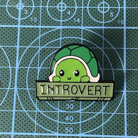 A pin in the shape of a partly hiding cute green turtle, over a green sign that reads “Introvert”