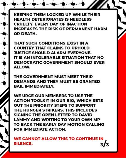 KEEPING THEM LOCKED UP WHILE THEIR 
HEALTH DETERIORATES IS NEEDLESS
CRUELTY. EVERY DAY OF INACTION
INCREASES THE RISK OF PERMANENT HARM
 OR DEATH.
THAT SUCH CONDITIONS EXIST IN A
COUNTRY THAT CLAIMS TO UPHOLD
JUSTICE SHOULD ALARM EVERYONE.
IT IS AN INTOLERABLE SITUATION THAT NO
DEMOCRATIC GOVERNMENT SHOULD EVER
ALLOW.
THE GOVERNMENT MUST MEET THEIR
9 DEMANDS AND THEY MUST BE GRANTED
BAIL IMMEDIATELY.
WE URGE OUR MEMBERS TO USE THE
ACTION TOOLKIT IN OUR BIO, WHICH SETS
OUT THE PRIORITY STEPS TO SUPPORT
THE HUNGER STRIKERS. THIS INCLUDES
SIGNING THE OPEN LETTER TO DAVID
LAMMY AND WRITING TO YOUR OWN MP
Q TO BACK THE EARLY DAY MOTION CALLING
FOR IMMEDIATE ACTION.

