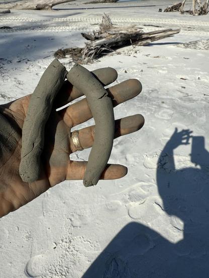 I rolled a coil with the clay and tried to bend it. This is the first test potters do to check plasticity. This clay is “short” meaning that it lacks enough plasticity to bend without breaking. This can easily be remedied by the addition of a different type of clay that has higher plasticity such as ball clay. If I’m using it for terra sigillata, plasticity doesn’t matter. 

The photo shows my hand holding a broken coil of clay, with gray clay residue all over my hands. I also captured a shadow of myself holding the clay and my phone in the bottom right corner. The background features white sand littered with dried palm fronds. 