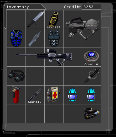 An inventory screen containing:
Rebreather
Thermoptic Camo
Augmentation Upgrade Canister
Augmentation Upgrade Canister
Medkit
Lockpick (Count: 3)
Fire Extinguisher
Riot Prod
Tech Goggles
Bioelectric Cell (Count: 6)
Sniper Rifle
Ballistic Armor
Throwing Knives
Assault Rifle
Multitool (Count: 5)
Combat Knife