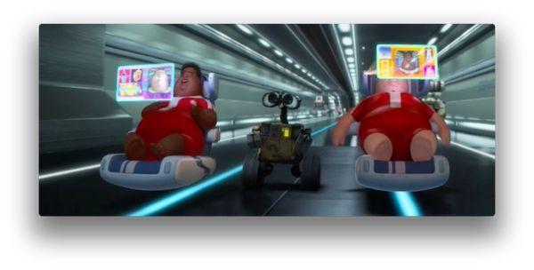 Screenshot from the movie WALL•E showing two large future citizens living in their chairs. Photo attribution: Scientific American