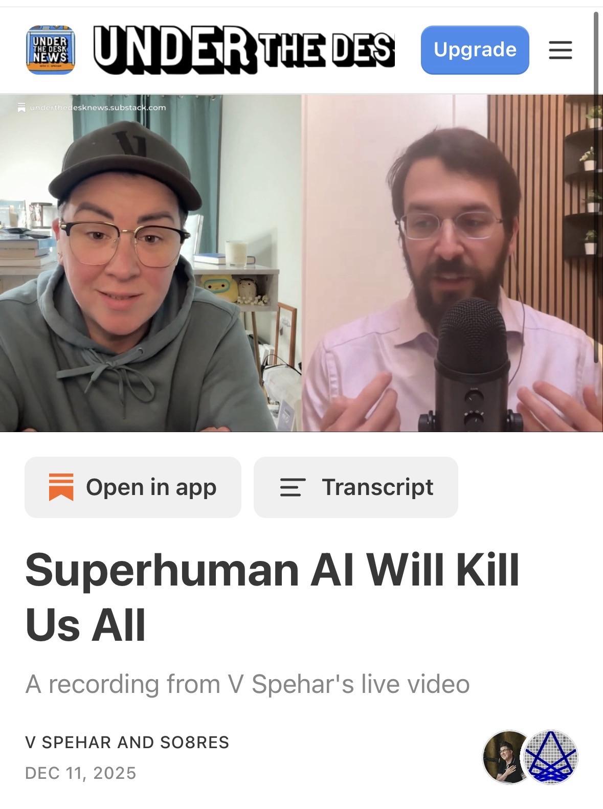 Screen shot of conference call with Vee and Nate Soars. Title: Superhuman AI Will Kill Us All A recording from V Spehar's live video
