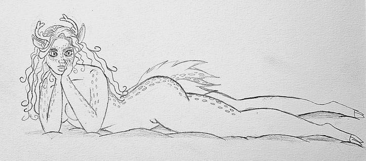 This is a detailed, black and white sketch of a creature with humanoid and animal features lying down. The creature has a human-like face with detailed eyes and a full head of curly hair, and what appears to be small antlers growing from the head. The body transitions into a long, serpentine tail covered in scales, ending in a hoofed leg. The creature is depicted with defined muscles and a textured skin pattern across the upper body. The drawing is executed with varying line weights to create depth and shadow, and the background is blank