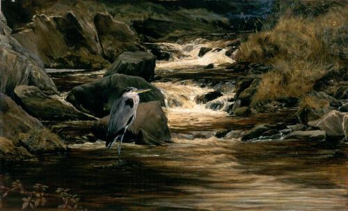 A landscape showing the play of light on white rapids with a large predominantly white bird (heron?) standing in the still water at the bottom of the painting. The rapids are moving through rocks on one side and grassy banks on the other. The water and the top part of the bird are in bright light while the rest of the painting are in shadows. The colours are subdued but very beautiful. Image by Bryan Hook (1856-1925) from Wikimedia Commons.