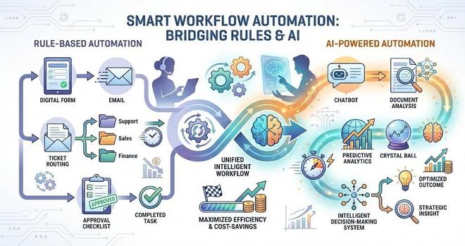 Diagram showing smart workflow automation combining rule-based processes (forms, emails, ticket routing, approvals) with AI-powered tools (chatbots, predictive analytics, intelligent decision-making) for optimized outcomes and efficiency.