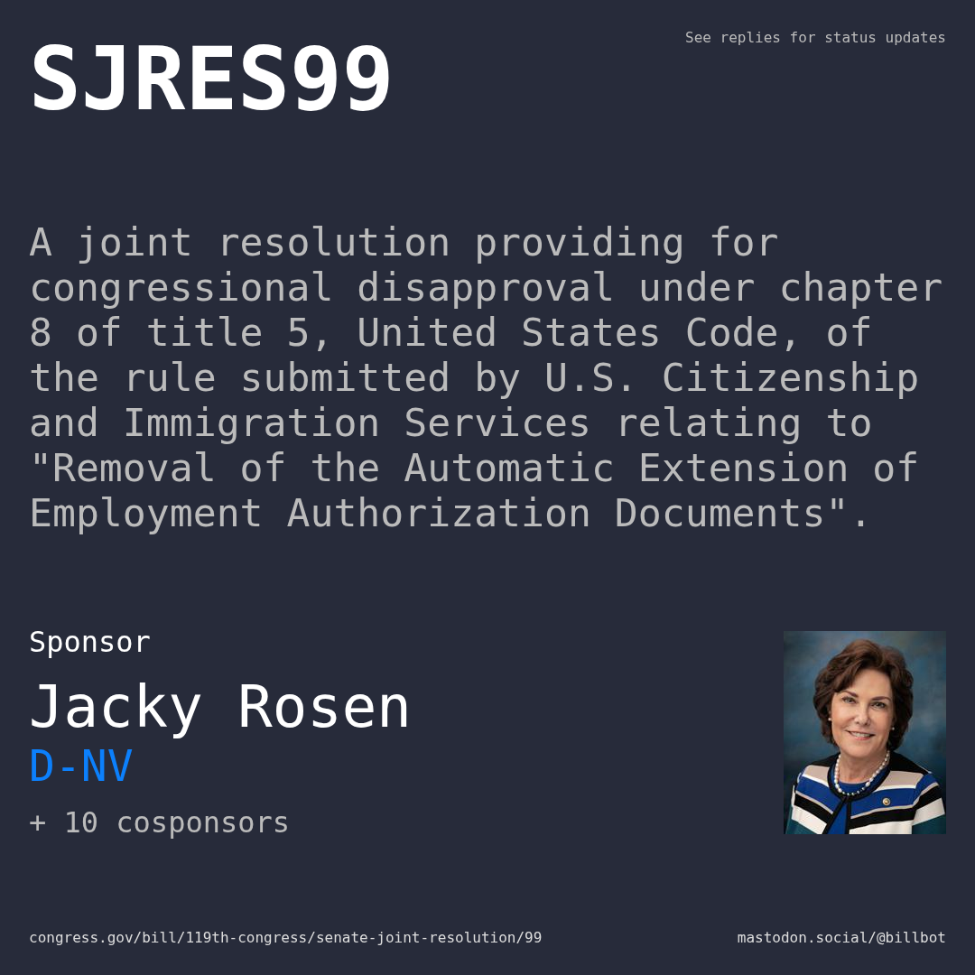 Description of SJRES99, and a depiction of its sponsor, Jacky Rosen.
