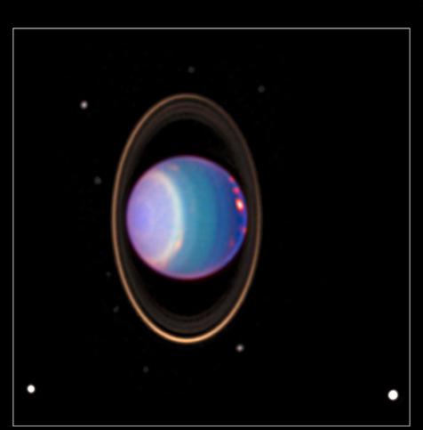 A recent NASA Hubble Space Telescope view reveals Uranus surrounded by its four major rings and by 10 of its 17 known satellites.