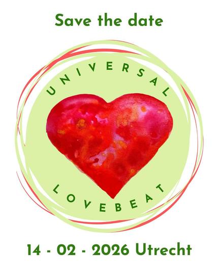 Logo of Universal LoveBeat plus tekst above 'Save the date' and at the bottom '14-02-2026 Utrecht'. Logo is a red-pink-orange aqua color heart in a light sage green circle and rings. Those outher rings are interwoven by red-pink rings.