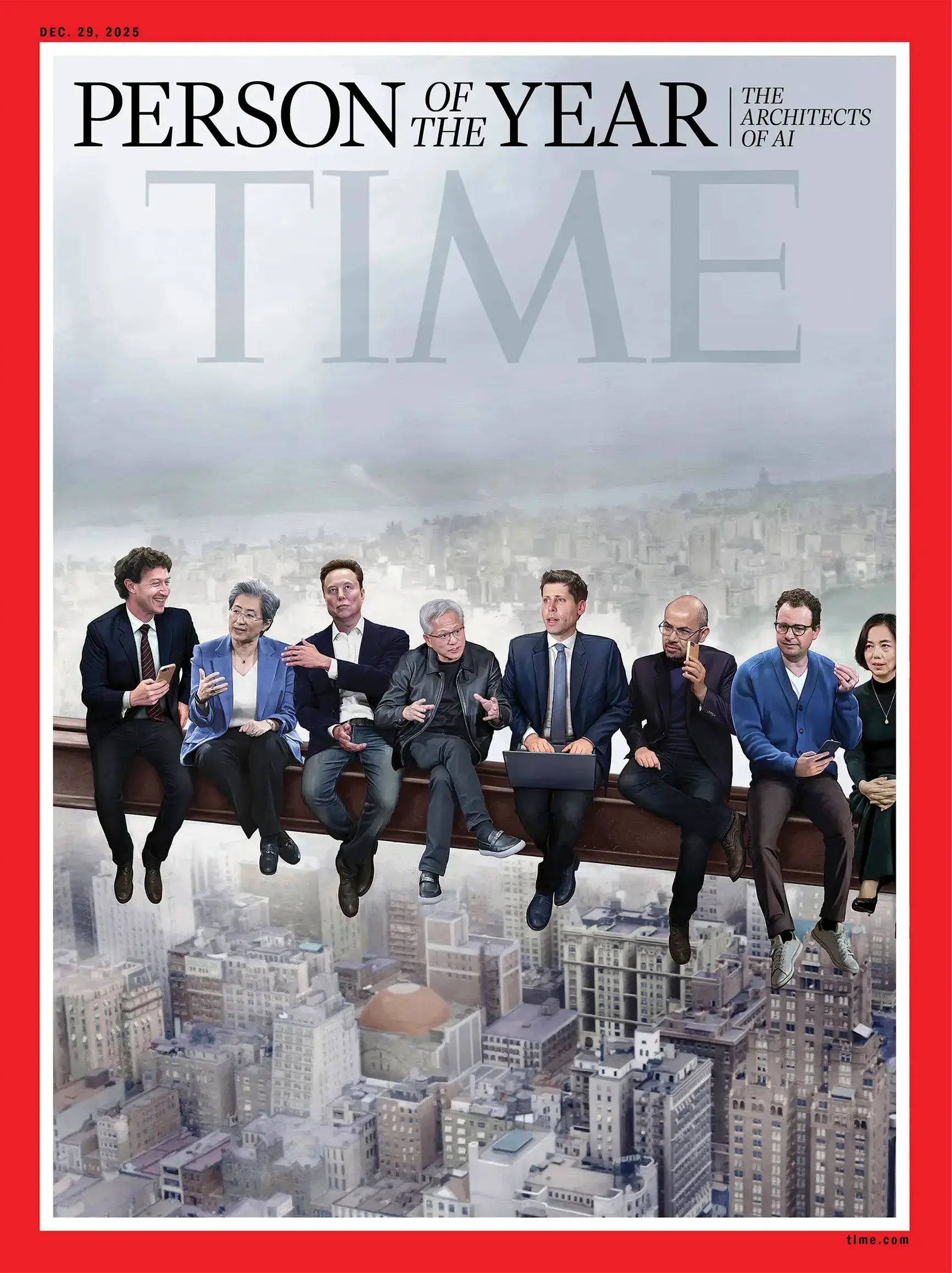 Picture of a bunch of billionaires sitting on a beam in the sky 