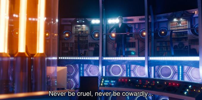 Episode with Peter Capaldi, teenage heartthrob. The Doctor is walking around his TARDIS on the upper level, talking to no one in particular but himself. Captions read, “Never be cruel, never be cowardly… and never, ever eat pears!” Three equally important axioms of morality. Happy release day for the Series 10 soundtrack.