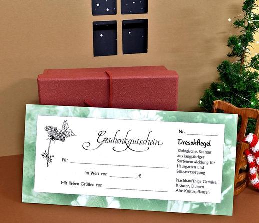 Foto eines Dreschflegel Gutscheins mit Weihnachtlicher Dekoration im Hintergrund. Rechts außen ein Mini Weihnachtsbaum mit Lichterkette.