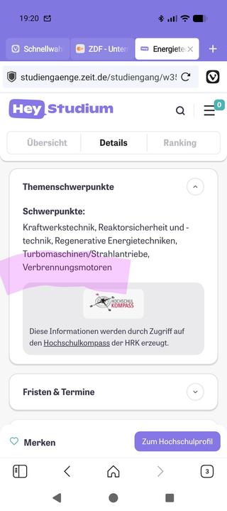 Screenshot einer Suchmaschine für Studiengänge. Bei Inhalte, Studiengang Energietechnik, wird "Verbrennungsmotor" aufgeführt.